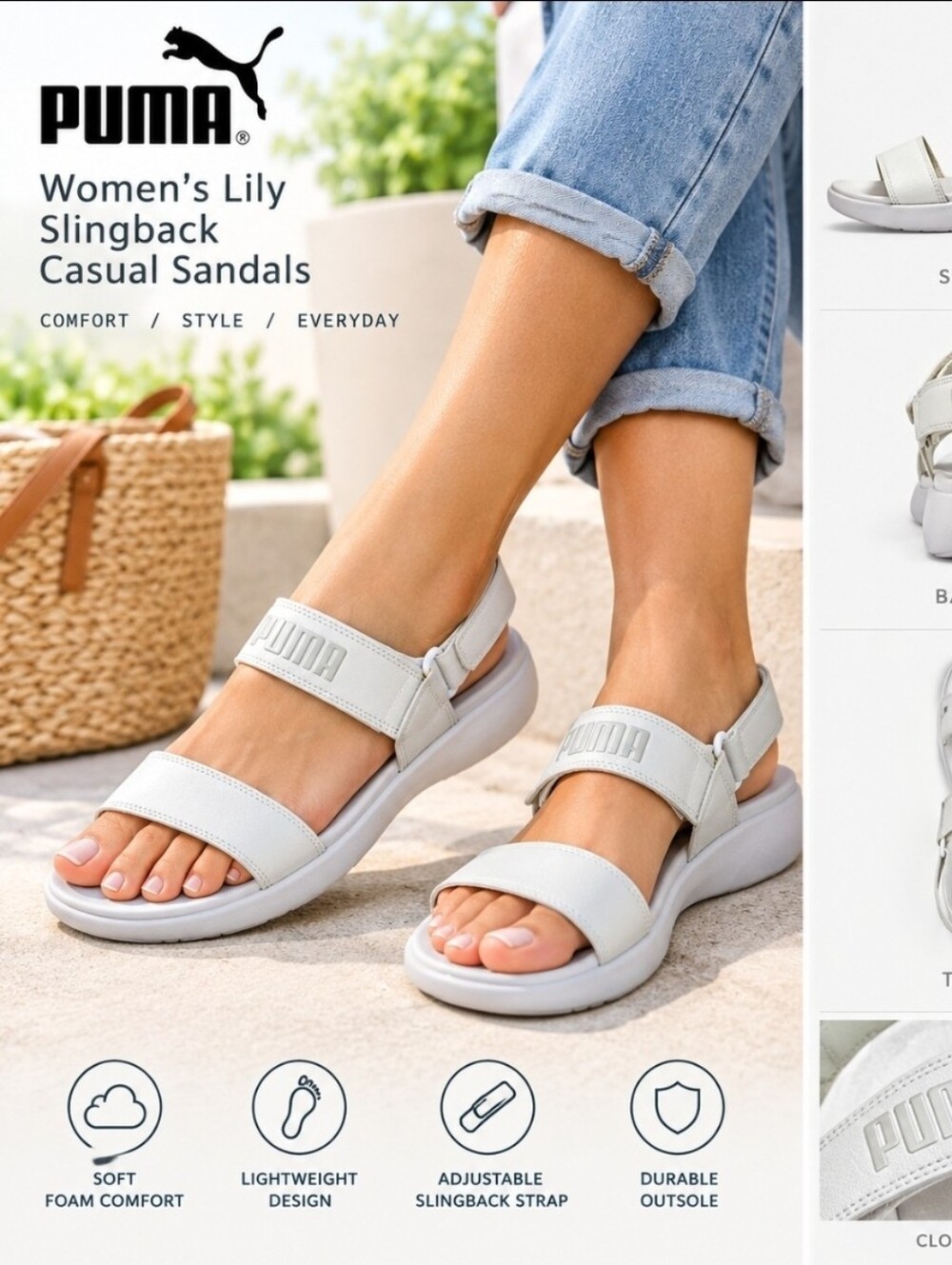 Puma Lily Slingback Casual Sandals White Women's Sandals US 10